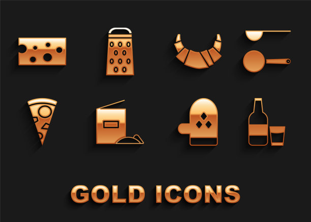 面粉包，测量勺，玻璃瓶牛奶和玻璃，烤箱手套，披萨片，羊角面包，奶酪和刨丝图标。向量图片下载