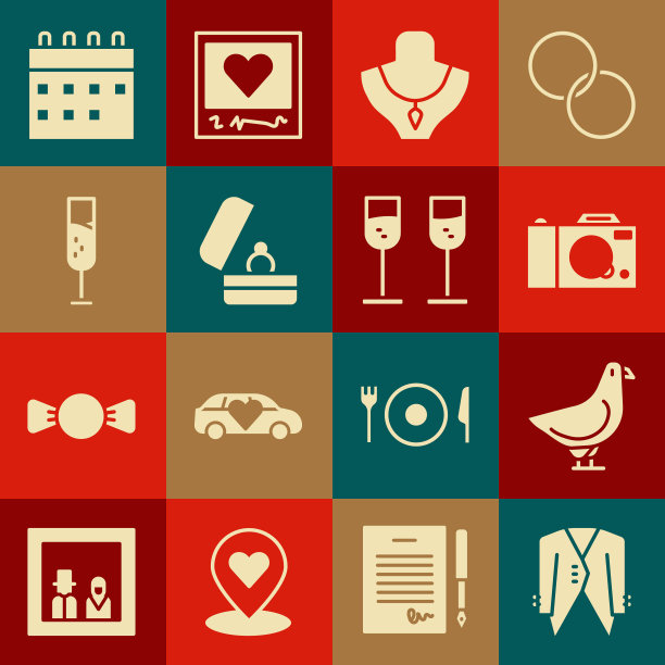 套装，多芬，相机，项链上的假人，结婚戒指，香槟杯，日历和图标。向量图片下载