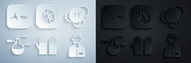 集医用橡胶手套，分子，试管和烧瓶，实验室助手，盐石和破碎图标。向量图片下载