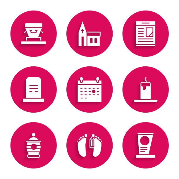 设置日历死亡，尸体，墓碑，燃烧的蜡烛，葬礼，讣告和棺材图标。向量图片下载