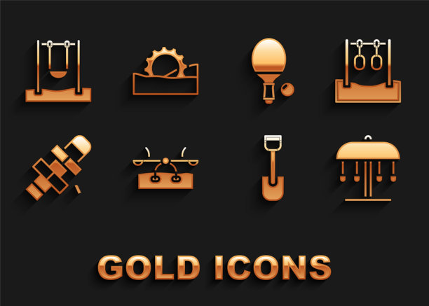 设置跷跷板，体操环，吸引旋转木马，铲子玩具，跳房子，球拍和球，秋千和摩天轮图标。向量图片下载