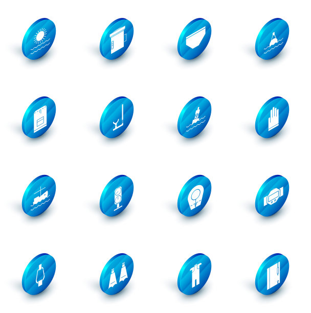 设置潜水员大手电筒、泳裤、海上浮筒、背包、渔船水、通气管、手套和图标。向量图片下载