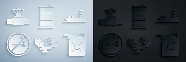 设置失事油轮船，油，无烟，电机用罐，桶和工业管道，阀门图标。向量图片下载