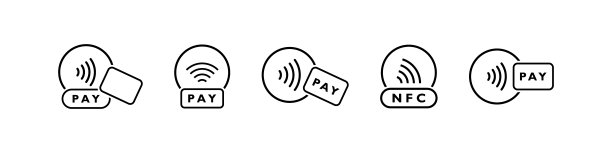 点击用信用卡支付。一套NFC无线支付线性图标。智能NFC技术，快速支付。矢量图图片下载