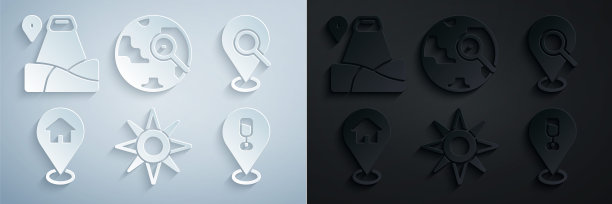 设置风玫瑰，搜索位置，位置与房子，酒精或啤酒吧，放大镜地球仪和山的图标。向量图片下载