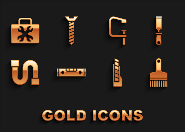 设置施工气泡水平仪，锉刀金属锉刀，油漆刷，文具刀，工业管道，夹具和螺丝工具，工具箱和金属图标。向量图片下载