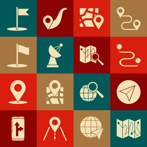 设置折叠地图与位置标记，纸飞机，路线，雷达，旗帜，图标。向量图片下载