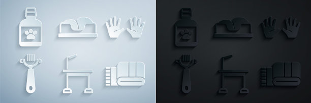 设置宠物梳妆台，医用橡胶手套，狗和猫的毛刷，毛巾架，床和狗药瓶图标。向量图片下载