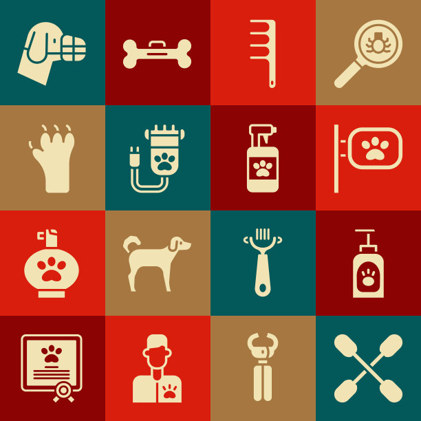 棉花棉签耳朵，宠物洗发水，梳洗，毛刷狗和猫，剪刀宠物，爪子印，狗嘴和图标。向量图片下载