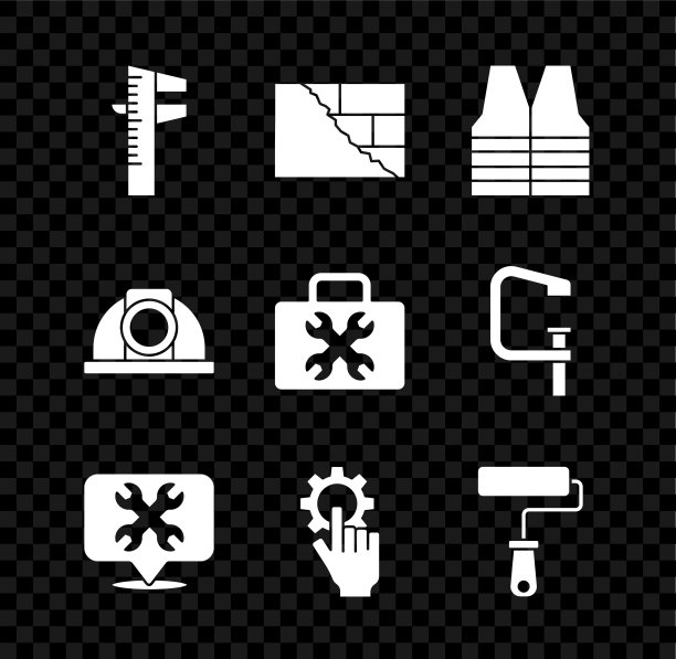 设置卡尺或卡尺和刻度，砖，安全背心，用扳手定位，设置在手上，油漆辊刷，工人安全帽和工具箱图标。向量图片下载