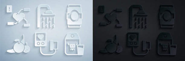 设置血压，汽水罐，水果，牛奶纸包，淋浴头和关注健康的心图标。向量图片下载