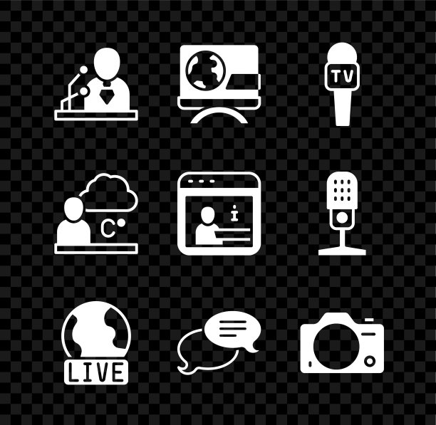 设置突发新闻，麦克风，现场报道，语音泡泡聊天，照片摄像头，天气预报和信息图标。向量图片下载