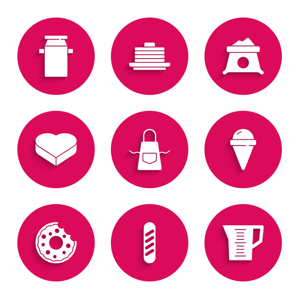 厨房围裙，法式长棍面包，量杯，冰淇淋华夫饼蛋筒，甜甜圈，糖果心形盒子，面粉袋和牛奶容器图标。向量图片下载