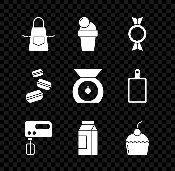 厨房围裙，冰淇淋，糖果，电动搅拌机，牛奶纸包，蛋糕，马卡龙饼干和天平图标。向量图片下载