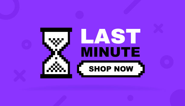 最后一分钟的文本表达与沙漏和几何元素的广告背景。横幅模板设计的业务，推广和销售。矢量图图片下载