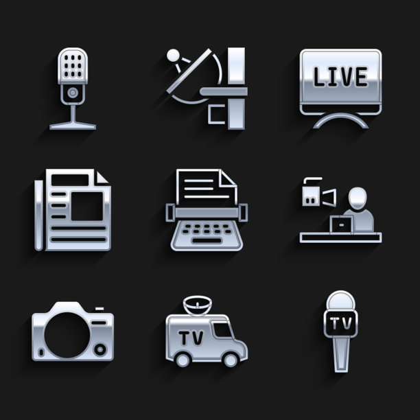 设置复古打字机，电视新闻车，麦克风，突发新闻，照片相机，现场报道和图标。向量图片下载