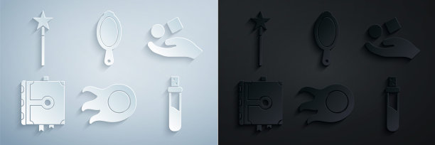 设置火球，立方体悬浮在手上，古老的魔法书，瓶子与爱情药水，魔镜和魔杖图标。向量图片下载