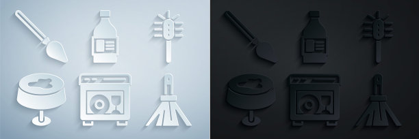 设置洗碗机，马桶刷，台布污渍，扫帚柄，清洁剂瓶子和图标。向量图片下载