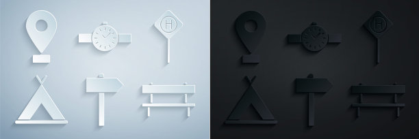 设置道路交通指示牌，停车场，旅游帐篷，长凳，手表和位置图标。向量图片下载