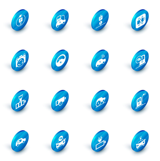 设置电动汽车，充电停车电动，低电量，电池与回收符号，充电，电压表，充电站和智能系统图标。向量图片下载