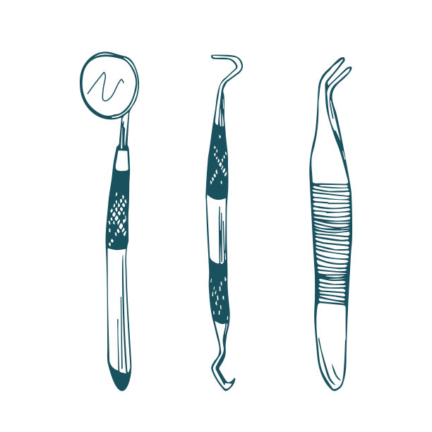 设置牙科检查涂鸦手画风格。专业牙科口腔护理不锈钢工具。图片下载