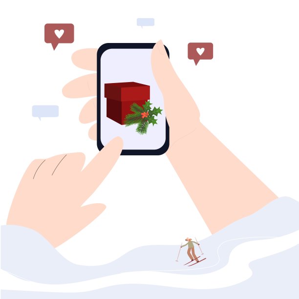 电话订购礼品。有滑雪者的风景。手拿智能手机。图片下载