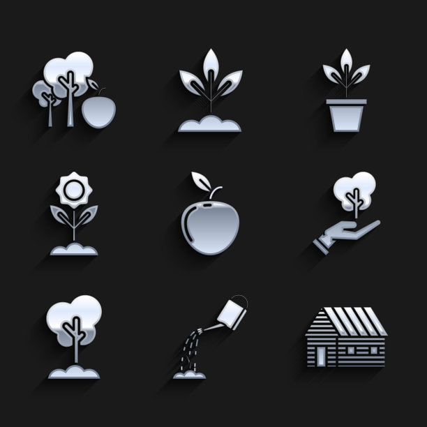 集苹果、浇水罐、农家、环保树手、地面、鲜花、花盆和苹果图标。向量图片下载
