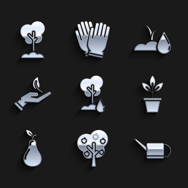 设置浇水树，配有苹果、罐头、花盆、梨子、芽手环保、芽手和地面图标。向量图片下载