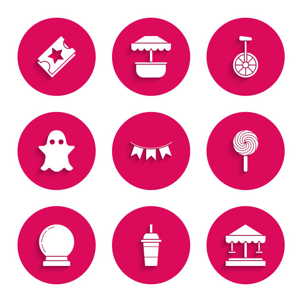 设置狂欢节花环与旗帜，纸玻璃饮用水吸管，吸引力旋转木马，棒棒糖，魔术球，幽灵，独轮车或单轮自行车和票务图标。向量图片下载