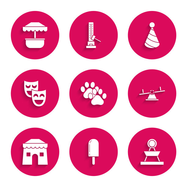 设置爪印，冰淇淋，吸引力旋转木马，跷跷板，马戏团帐篷，喜剧戏剧面具，派对帽子和图标。向量图片下载