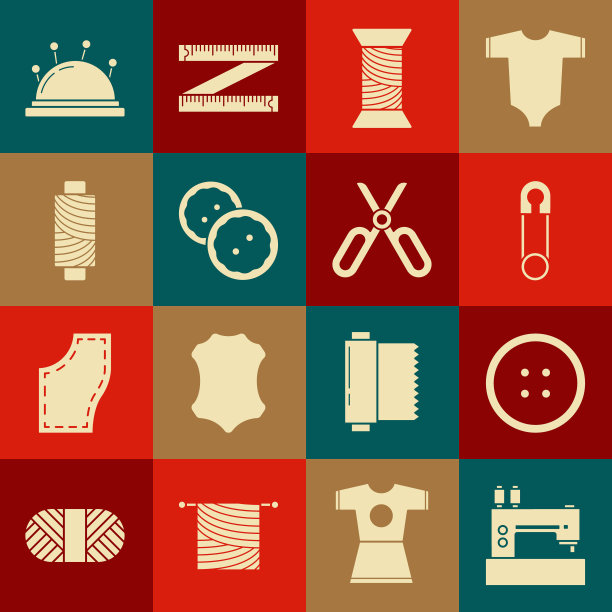 缝纫机，衣服钮扣，经典闭式钢安全别针，线轴，针床，针和剪刀图标。向量图片下载