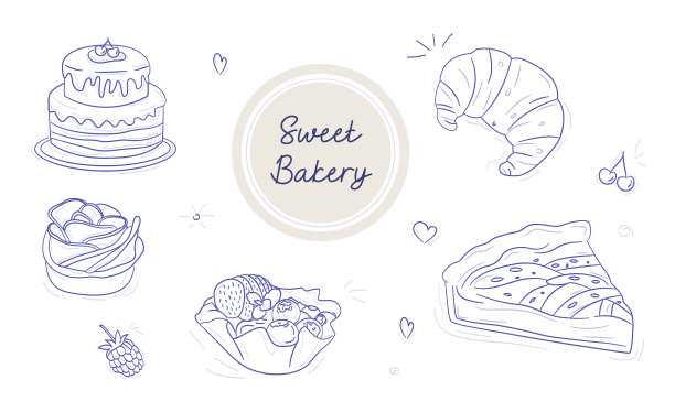 集线性甜面包房商品在白色背景图片下载
