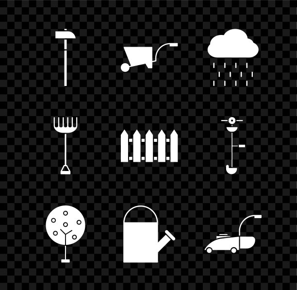 设置锤子，手推车，云与雨，树，浇水罐，割草机，花园耙和栅栏木制图标。向量图片下载