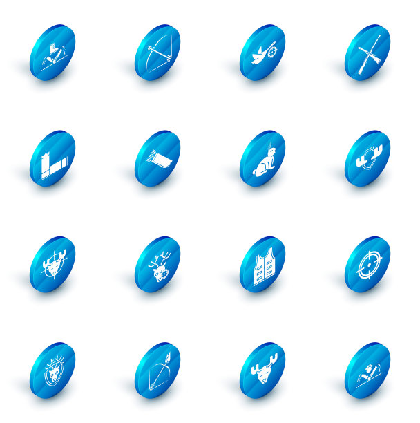 设置弓和箭在箭筒，狩猎的鸭子与十字准星，两个交叉猎枪，子弹，驼鹿，箭筒箭，驼鹿角盾和兔子图标。向量图片下载