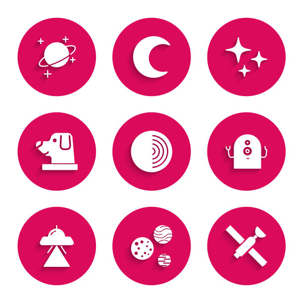 设定地球结构，行星，卫星，外星人，不明飞行物飞行飞船，狗宇航员头盔，陨星和图标。向量图片下载