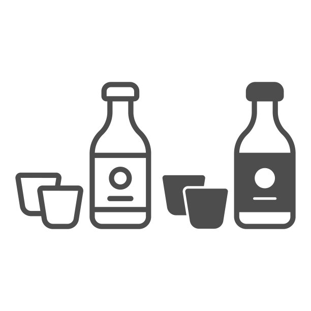 清酒瓶和两个玻璃杯，酒精饮料线和固体图标，亚洲食品概念，饮料矢量标志在白色背景上，轮廓风格图标的移动概念和网页设计。矢量图形。图片下载