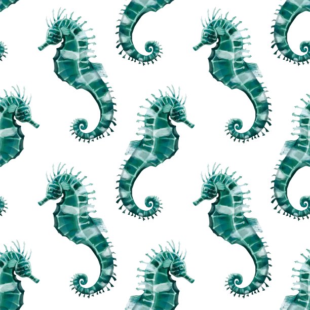 无缝图案手绘水彩海马。它是完美的卡片，模板设计，明信片图片下载