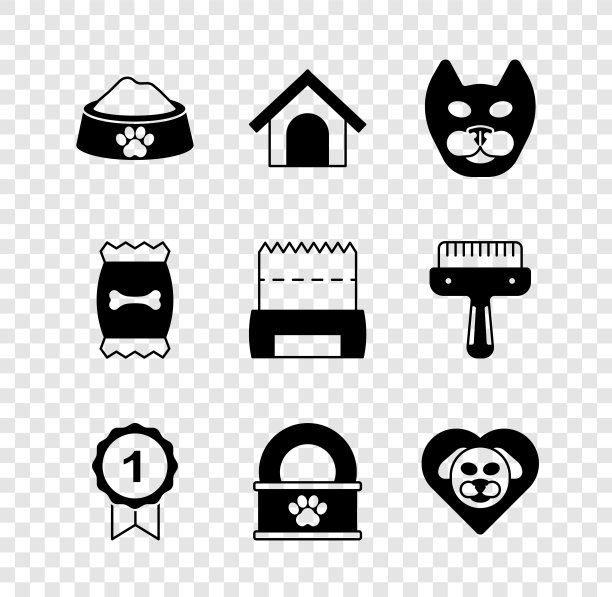 设置宠物食物碗，狗房子，猫，奖励符号，罐头，心与狗，袋的宠物和大便在袋图标。向量图片下载