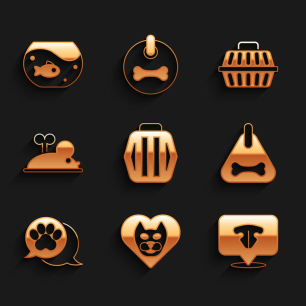 设置宠物手提箱，心与猫，猫鼻子，狗项圈，爪印，发条鼠标，和水族馆鱼图标。向量图片下载