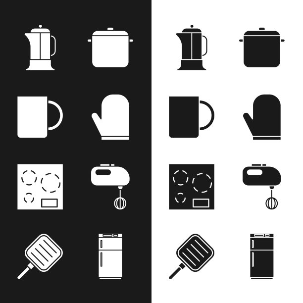 设置烤箱手套，咖啡杯，法式压力机，锅，电炉，搅拌机，冰箱和煎锅图标。向量图片下载