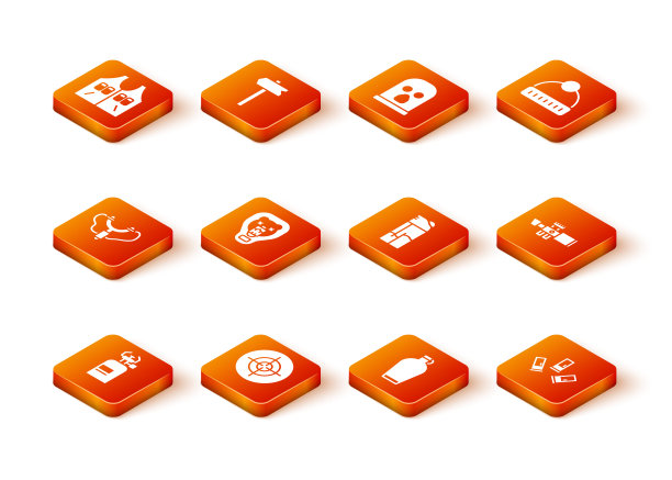 设置野营煤气炉，目标运动，弹弓，熊头上的盾牌，水壶水壶，打火机，子弹和狙击手的光学瞄准具图标。向量图片下载