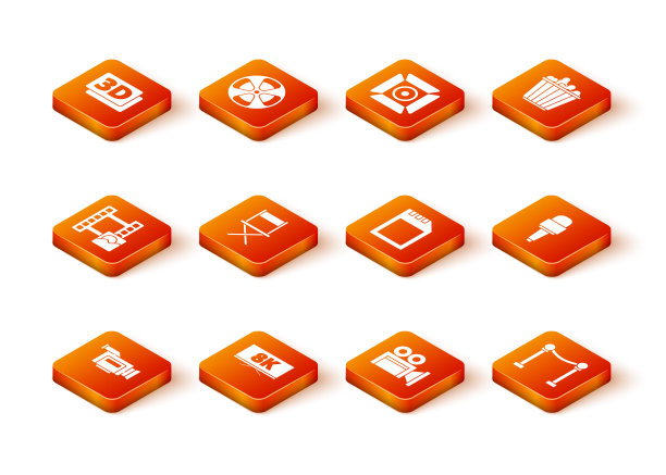 设置电影摄像机，8k屏幕电视，播放视频，导演电影椅子，SD卡，绳障和麦克风图标。向量图片下载