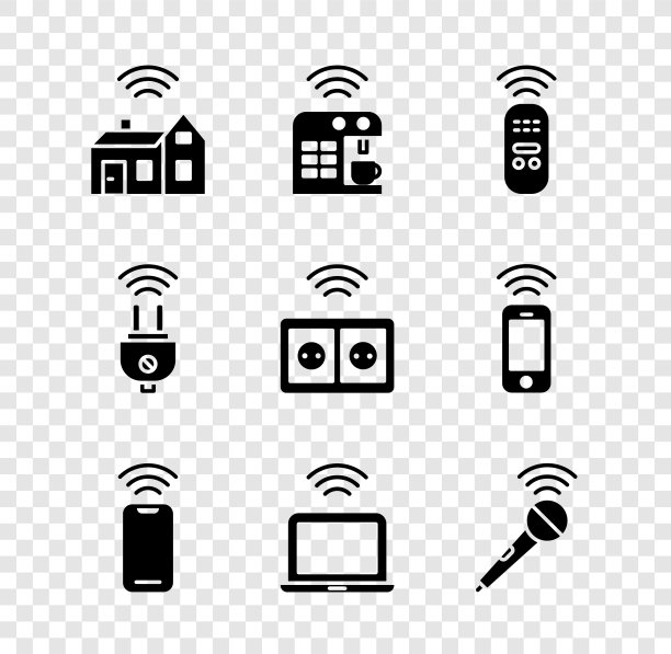 设置无线智能家居，咖啡机，遥控器，无线智能手机，笔记本电脑，麦克风，电插头和电源插座图标。向量图片下载
