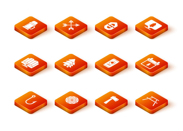 设置钓钩，风玫瑰，森林监视器的位置，树，木斧，城市地图导航，野餐桌与长凳和日历树图标。向量图片下载