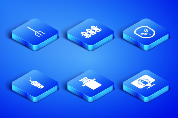 设置位置农场房子，花园干草叉，牛奶罐容器，胡萝卜，栅栏木制和盾叶图标。向量图片下载