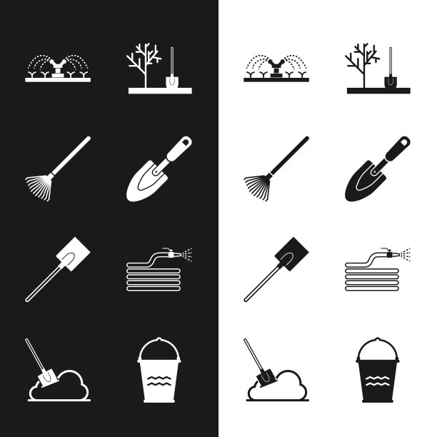 设置花园铲子或铲子，耙树叶，自动灌溉洒水器，种植树木的地面，软管消防软管，桶和铲子图标。向量图片下载