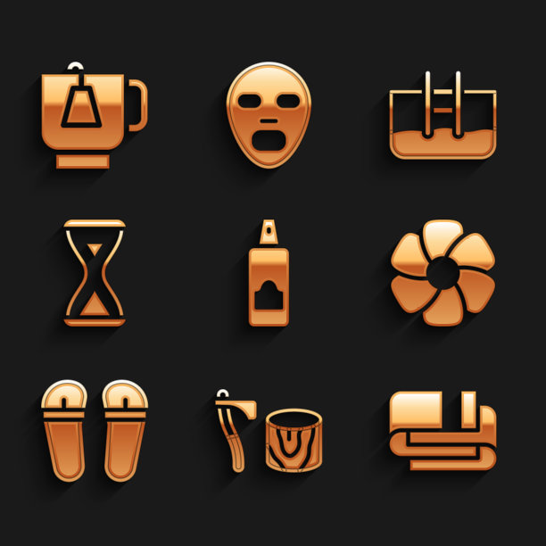 可设置发胶喷雾罐、树桩木斧、毛巾架、花、人字拖、桑拿沙漏、带梯子的游泳池和茶杯茶包图标。向量图片下载