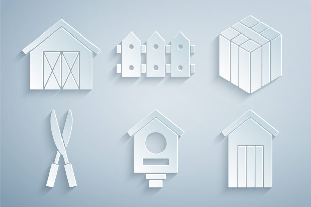 集鸟房子，干草，园艺手工剪刀，木制户外厕所，栅栏木制和农场图标。向量图片下载