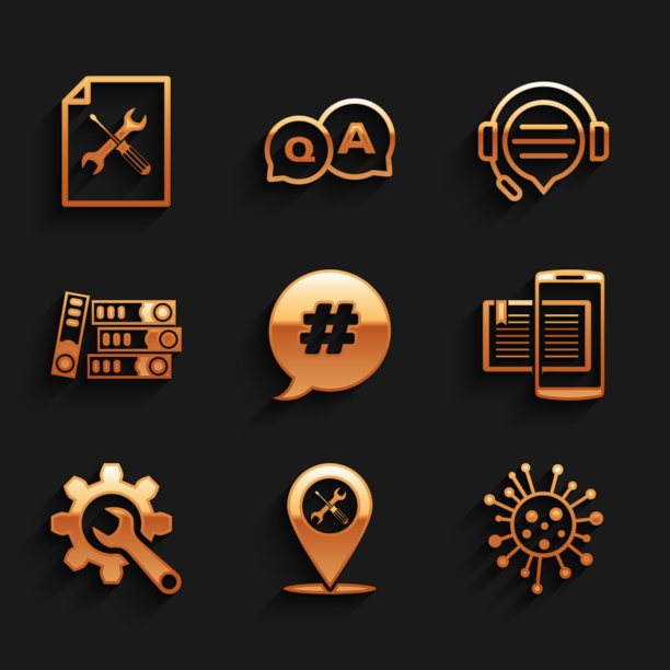 设置Hashtag语音气泡，位置服务，细菌，智能手机和书，扳手齿轮，办公文件夹，耳机聊天和文件文件图标。向量图片下载