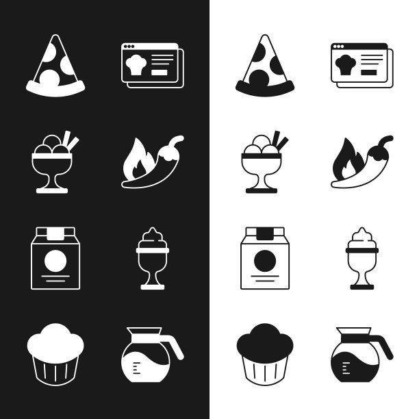 设置热辣椒辣椒荚，冰淇淋在碗，披萨片，在线订购和送货，咖啡壶和纸杯蛋糕图标。向量图片下载